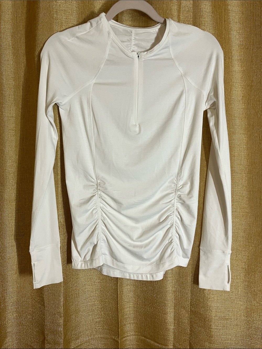 Athleta White Long-Sleeve Ruched Half-Zip Performance Top